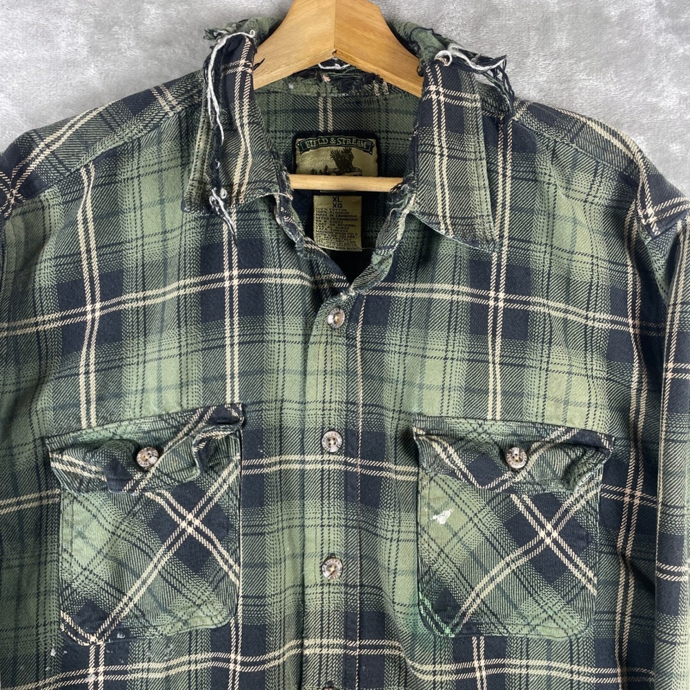 Field & Stream Flannel Shirt Mens XL Green Plaid Distressed Sun Fade Heavyweight